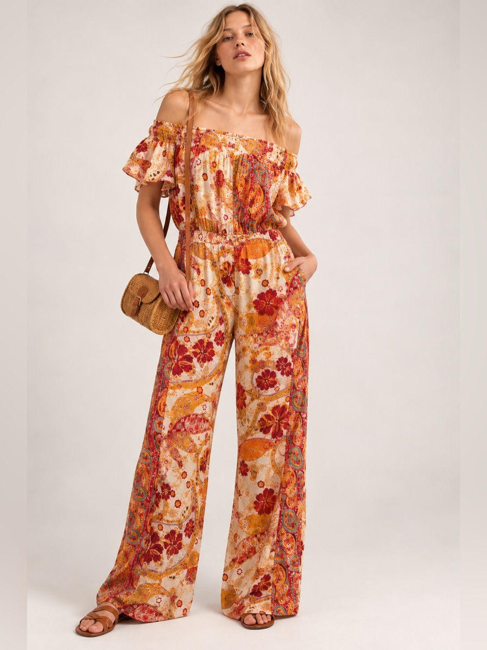 Free People Carmen Jumpsuit Large Boho Paisley Floral Patchwork